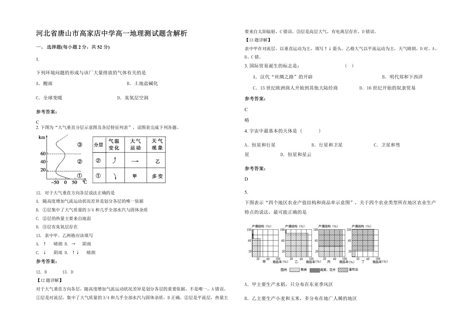 河北省唐山市高家店中学高一地理测试题含解析