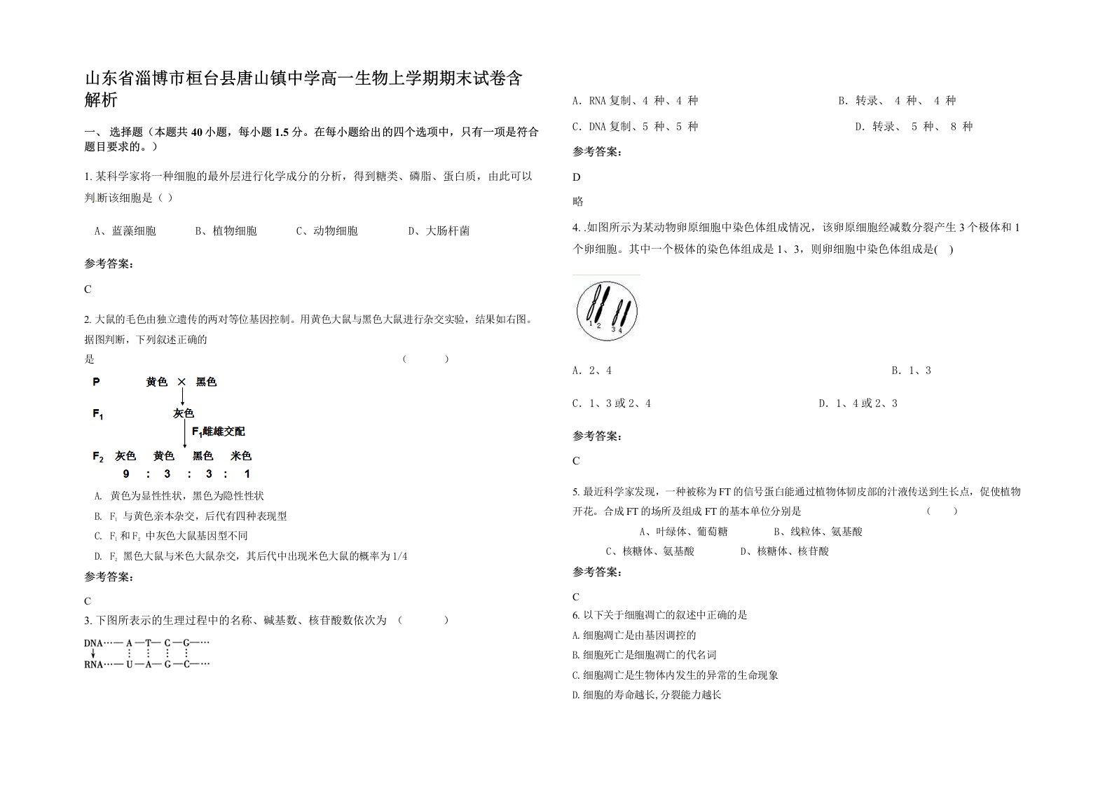 山东省淄博市桓台县唐山镇中学高一生物上学期期末试卷含解析