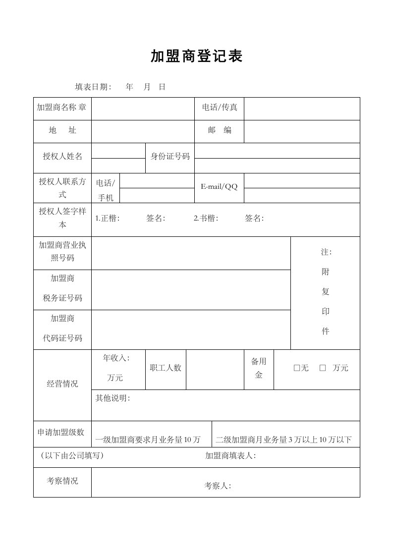 加盟商登记表