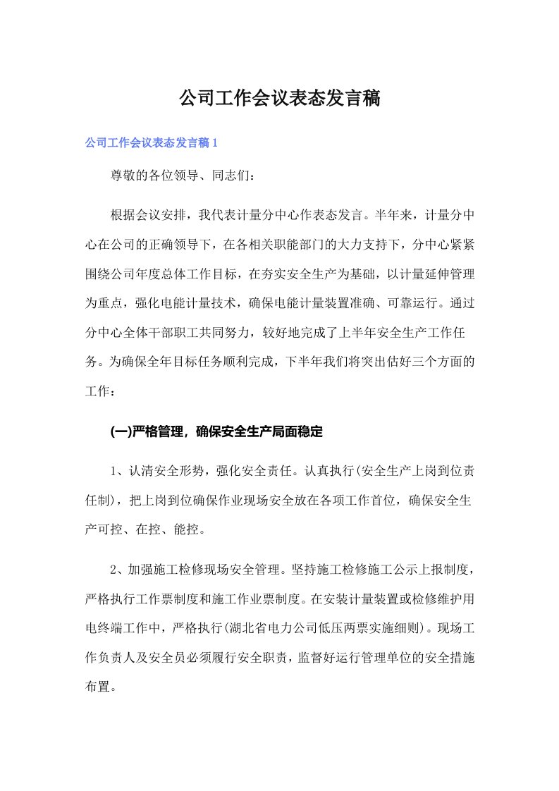 公司工作会议表态发言稿