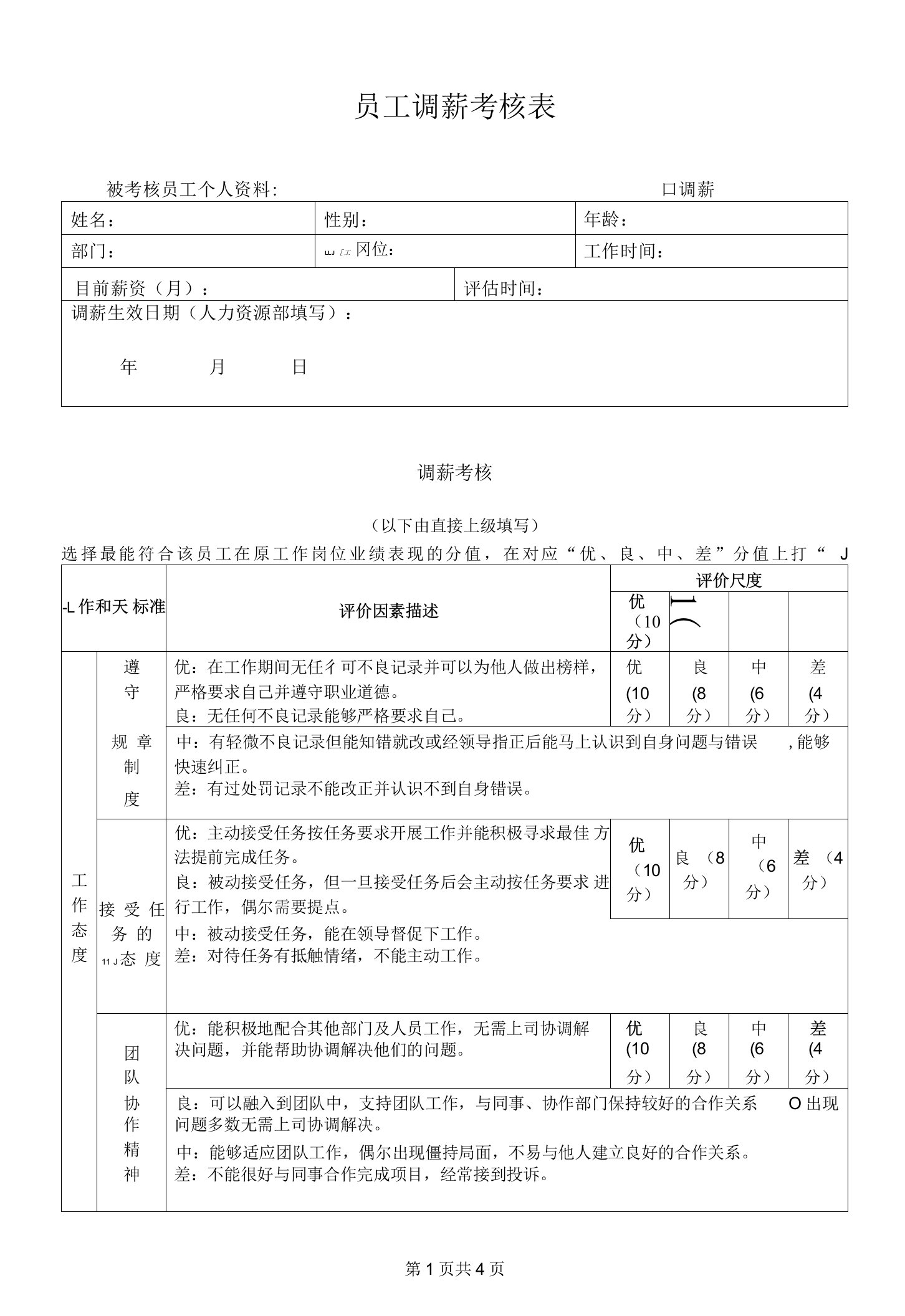 员工调薪考核表