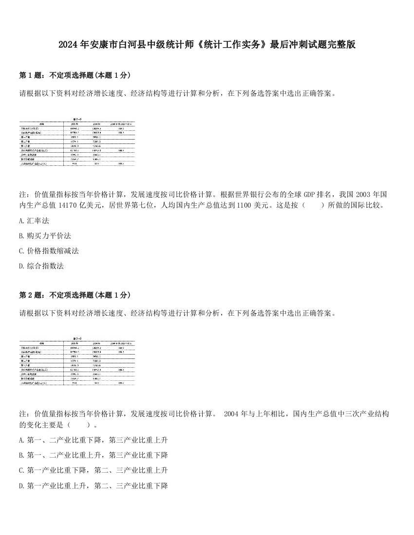 2024年安康市白河县中级统计师《统计工作实务》最后冲刺试题完整版