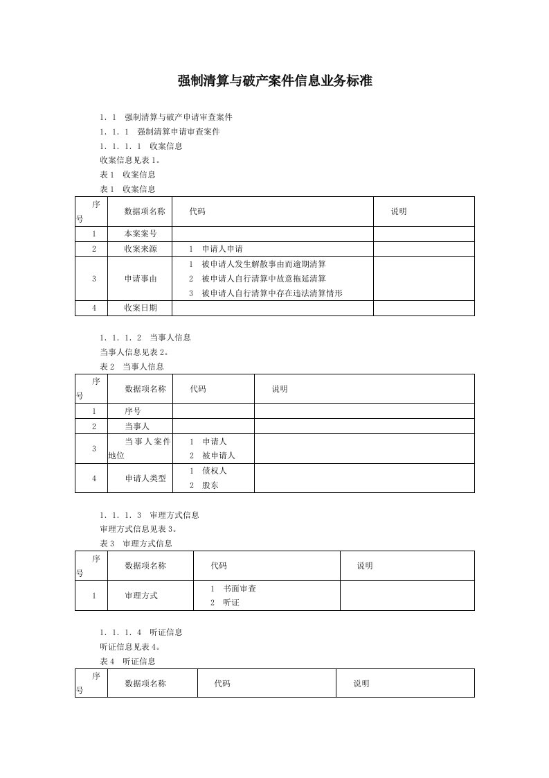 强制清算与破产案件信息业务标准-国家规范性文件