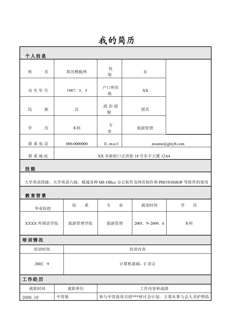 旅游管理体系专业简历表格模板