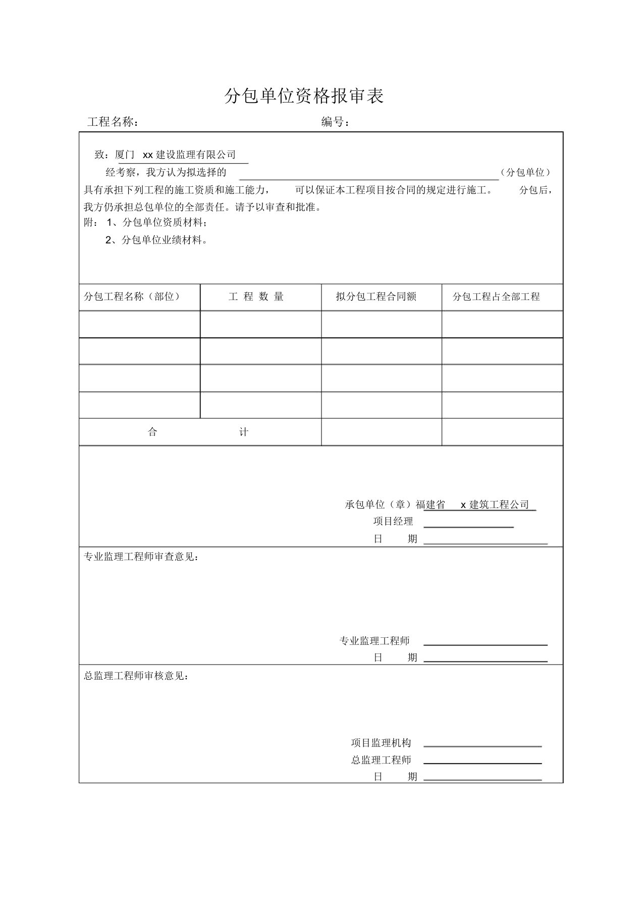 分包单位资格报审表范文