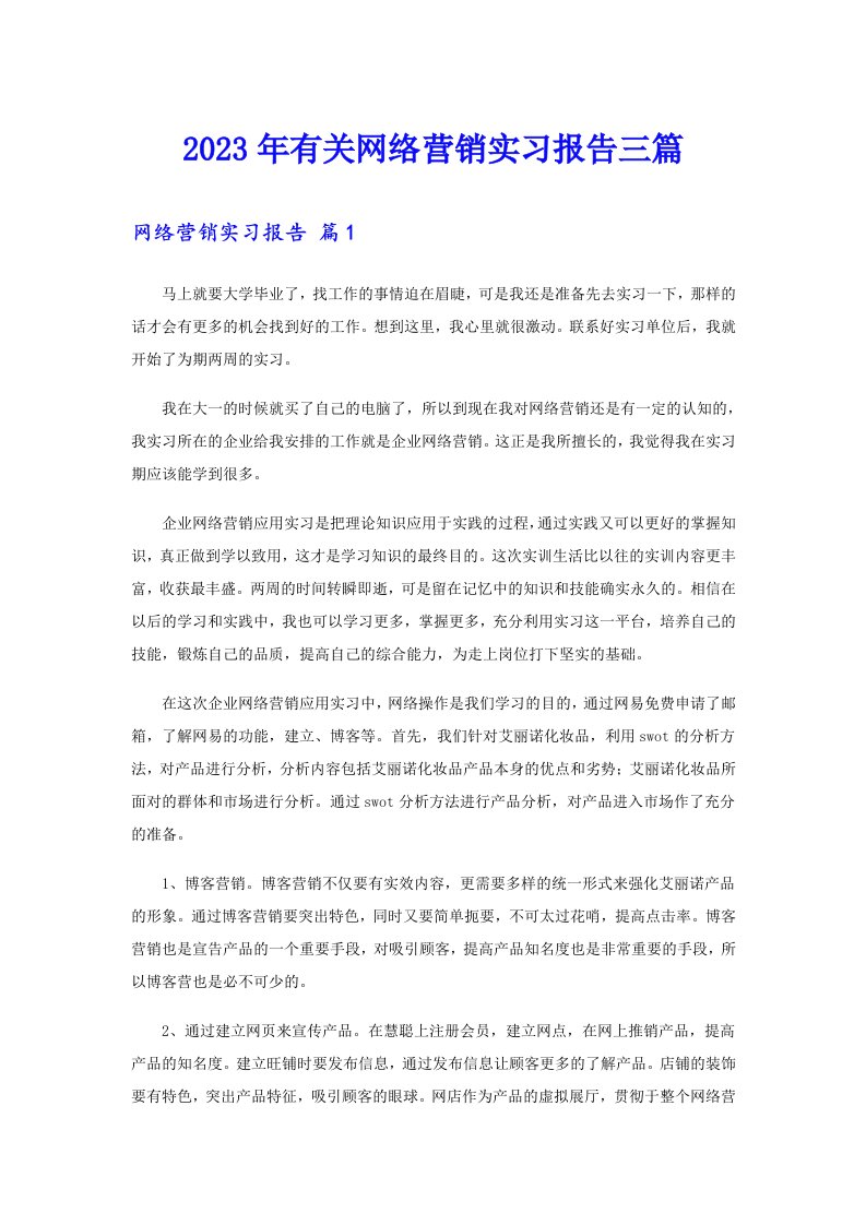 2023年有关网络营销实习报告三篇