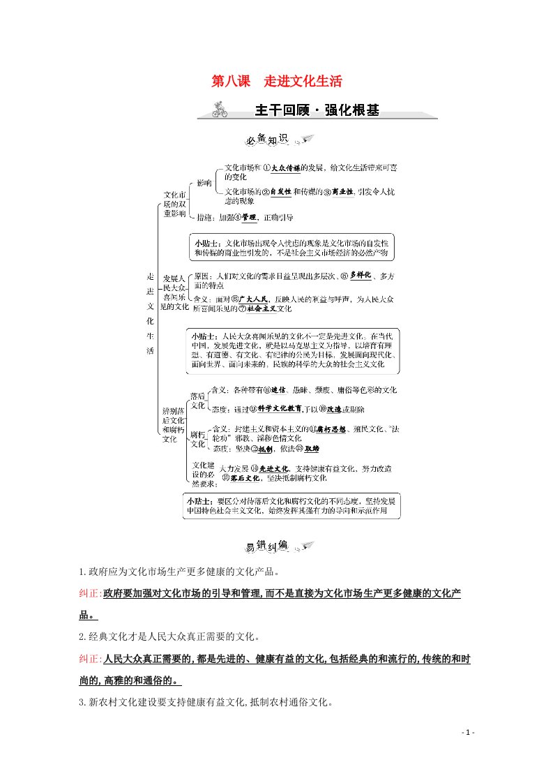 2022高考政治一轮复习第四单元发展先进文化第八课走进文化生活学案新人教版必修3