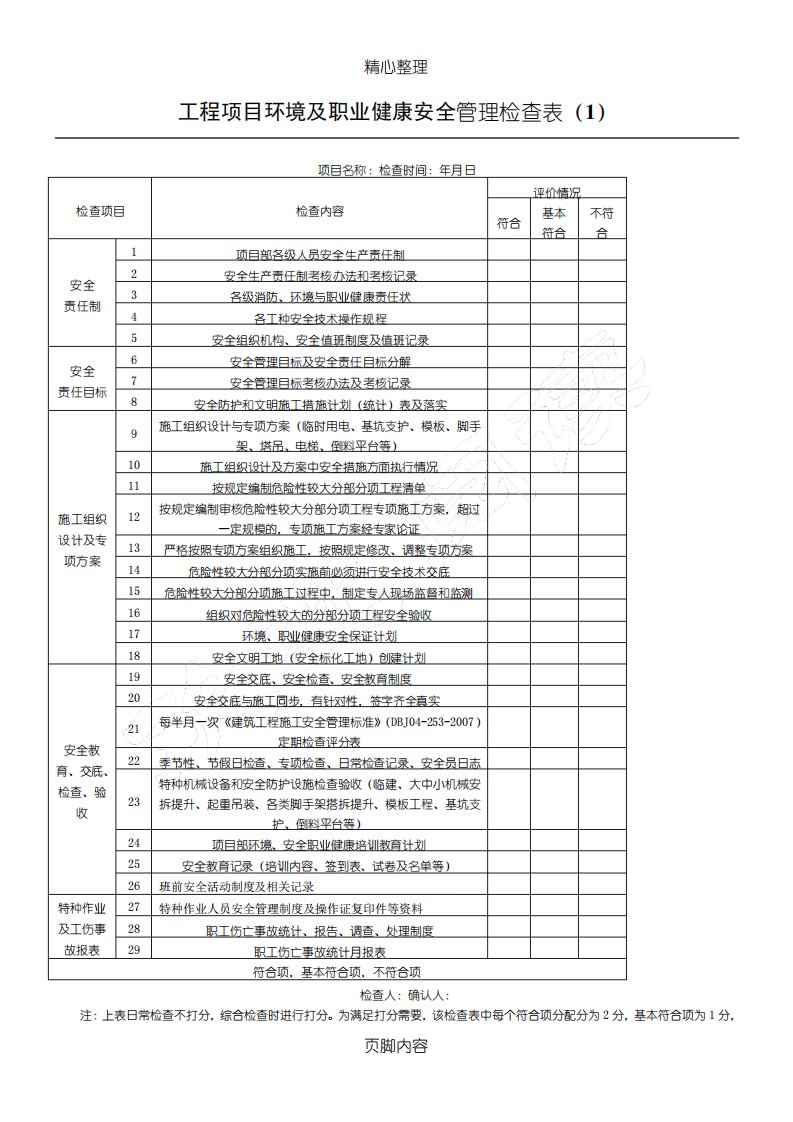 工程项目环境及职业健康安全管理检查表格模板