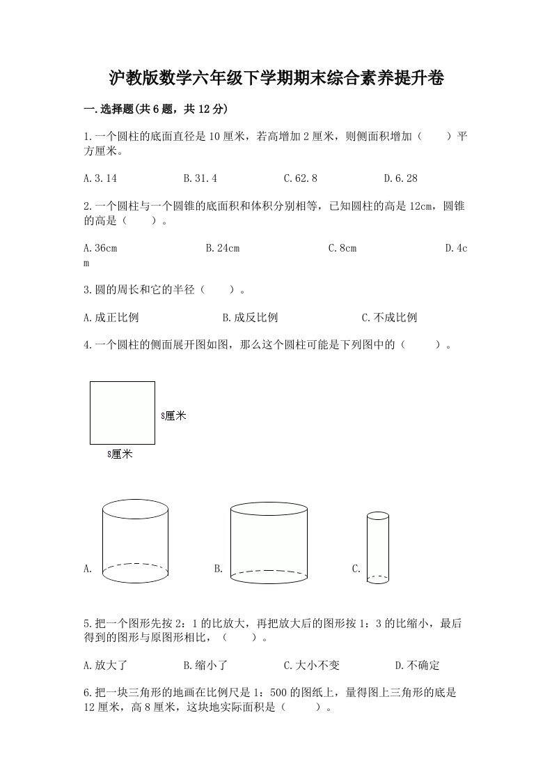 沪教版数学六年级下学期期末综合素养提升卷（历年真题）