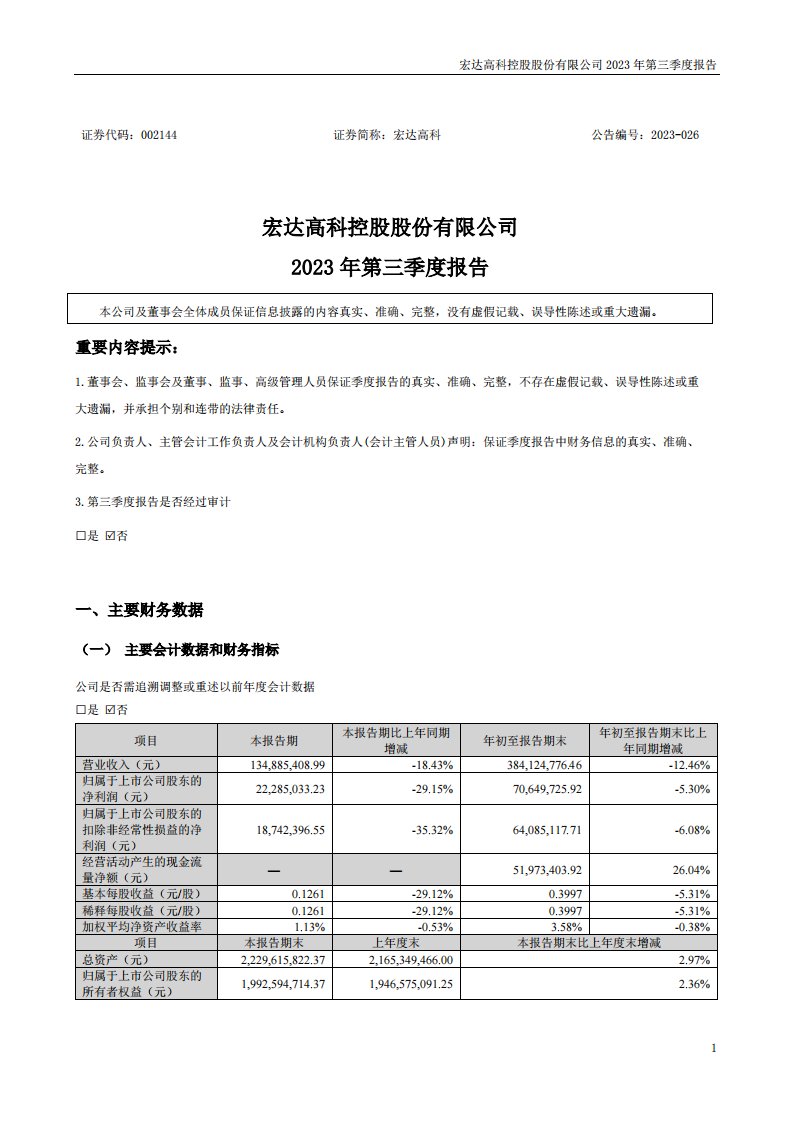 深交所-宏达高科：2023年三季度报告-20231028