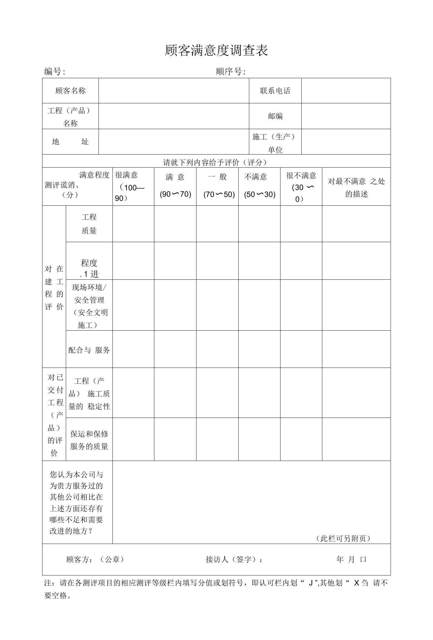 建筑工程顾客满意程度调查表格