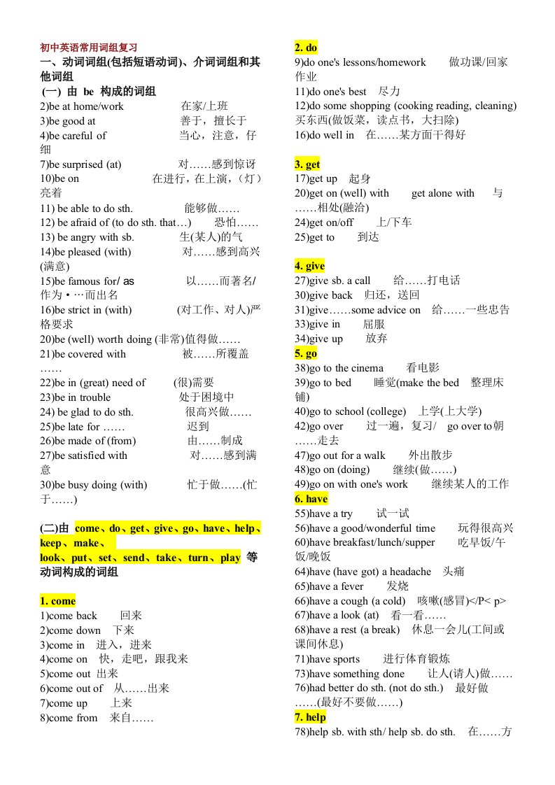 初中英语常用介词短语搭配