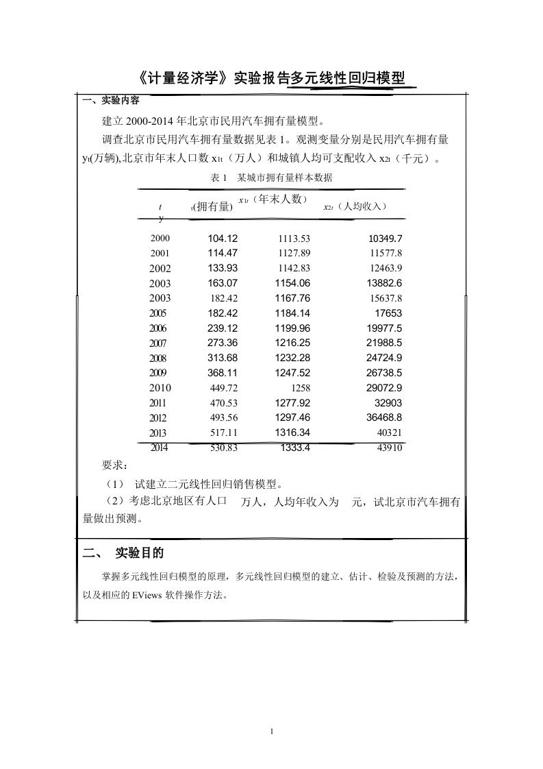 《计量经济学》eviews实验报告多元线性回归模型