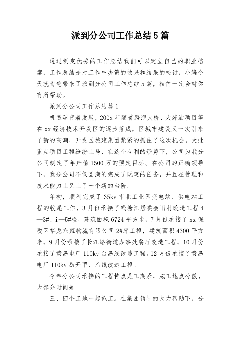 派到分公司工作总结5篇