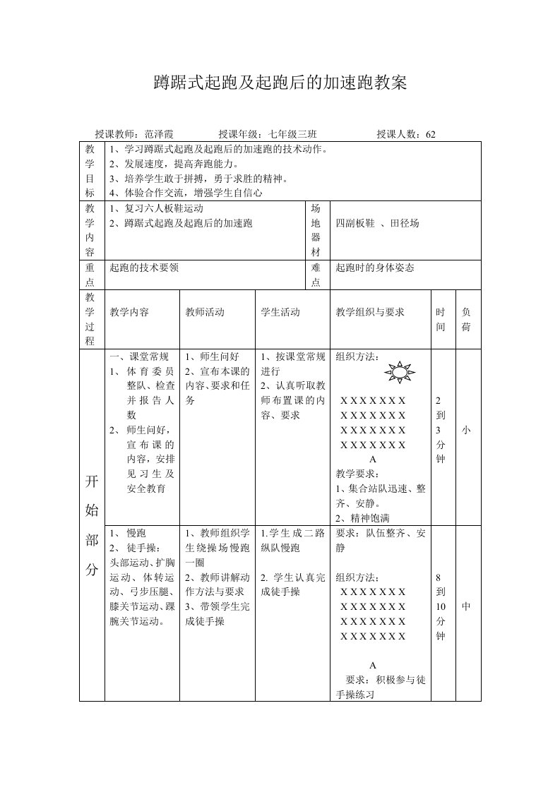 蹲踞式起跑及起跑后的加速跑教案