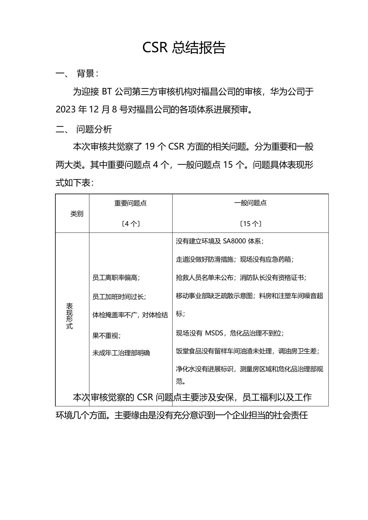 CSR总结报告模版