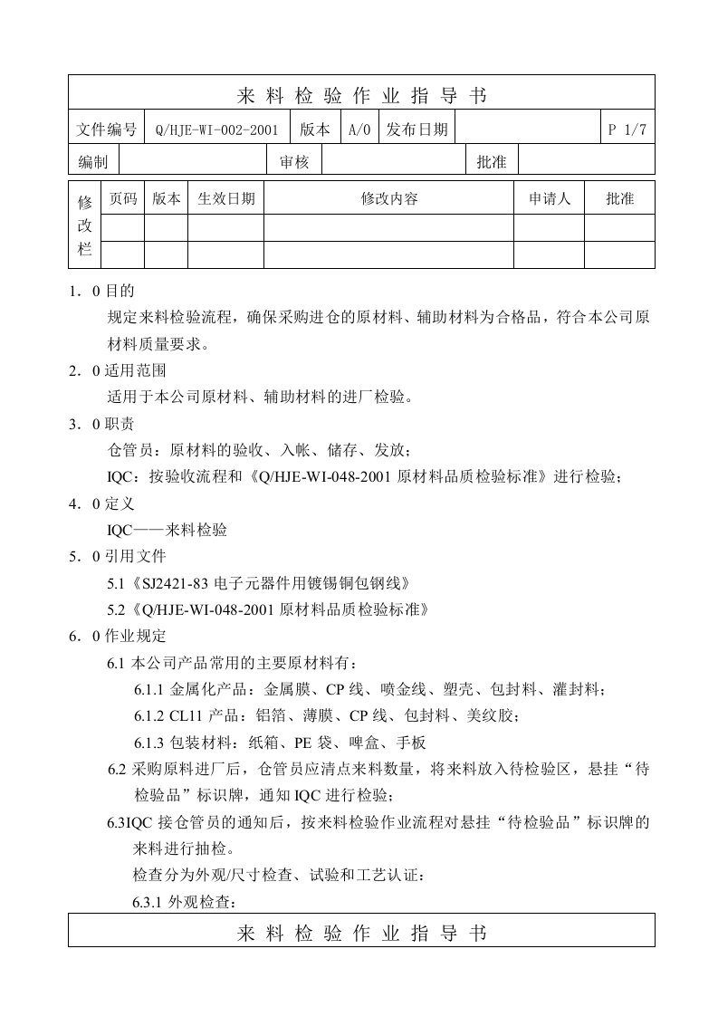 电子行业-东莞华佳电子有限公司来料检验作业指导书