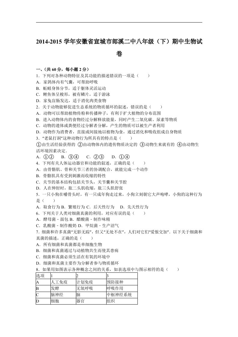 安徽省宣城市郎溪二中2014-2015学年八年级下期中生物试卷