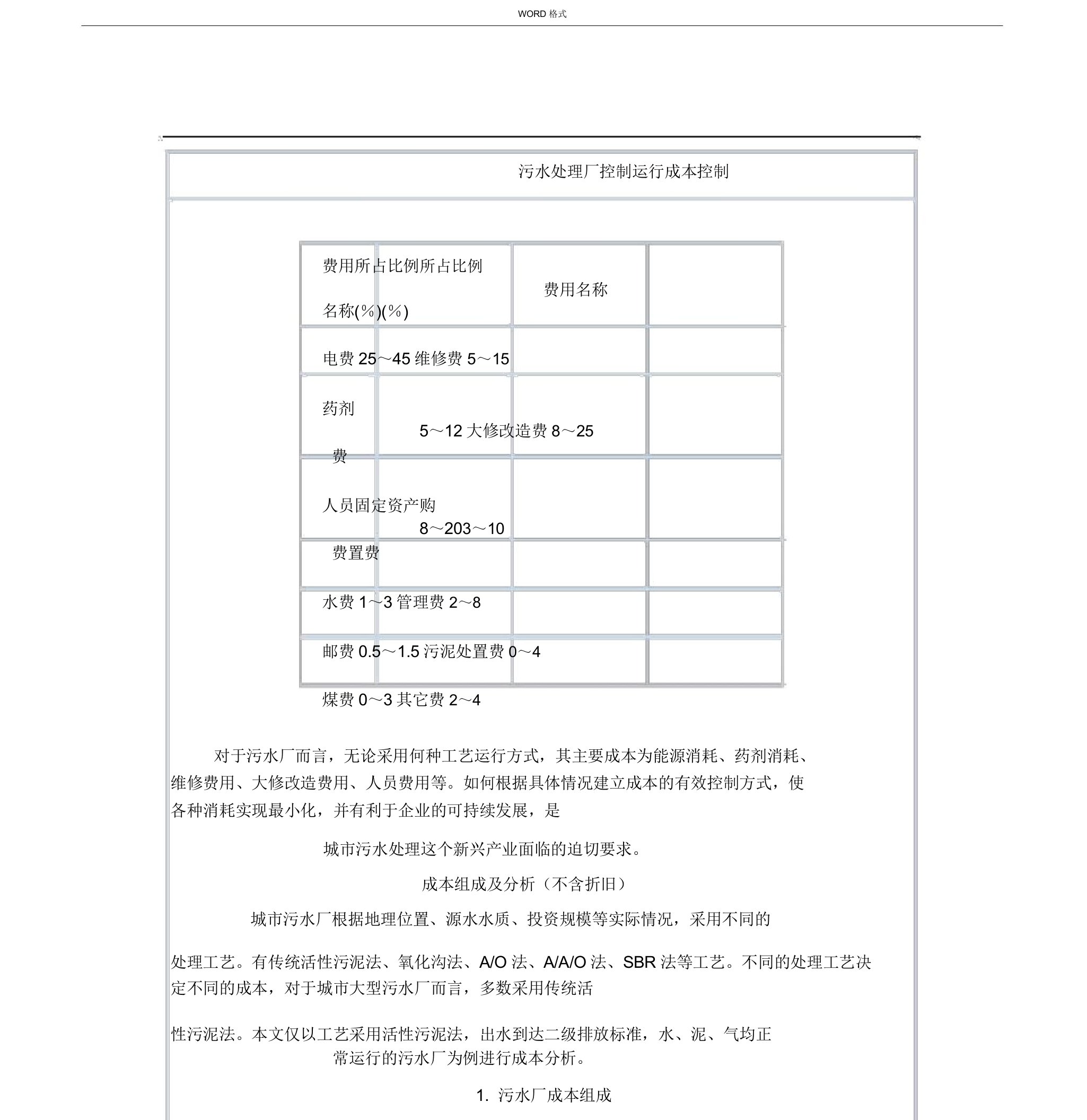 污水处理厂控制运行成本控制