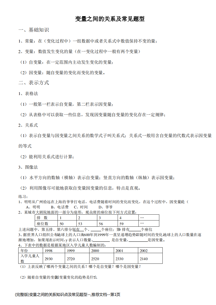 (完整版)变量之间的关系知识点及常见题型--,推荐文档