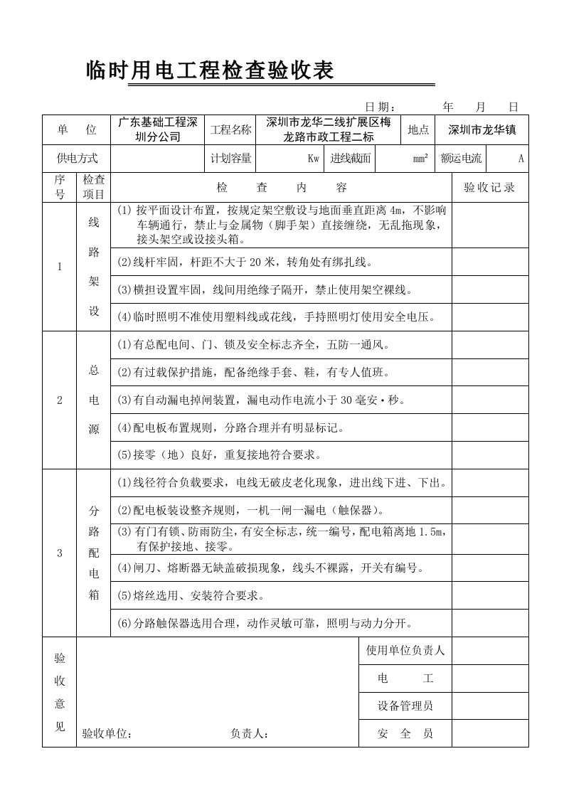 临时用电工程检查验收表