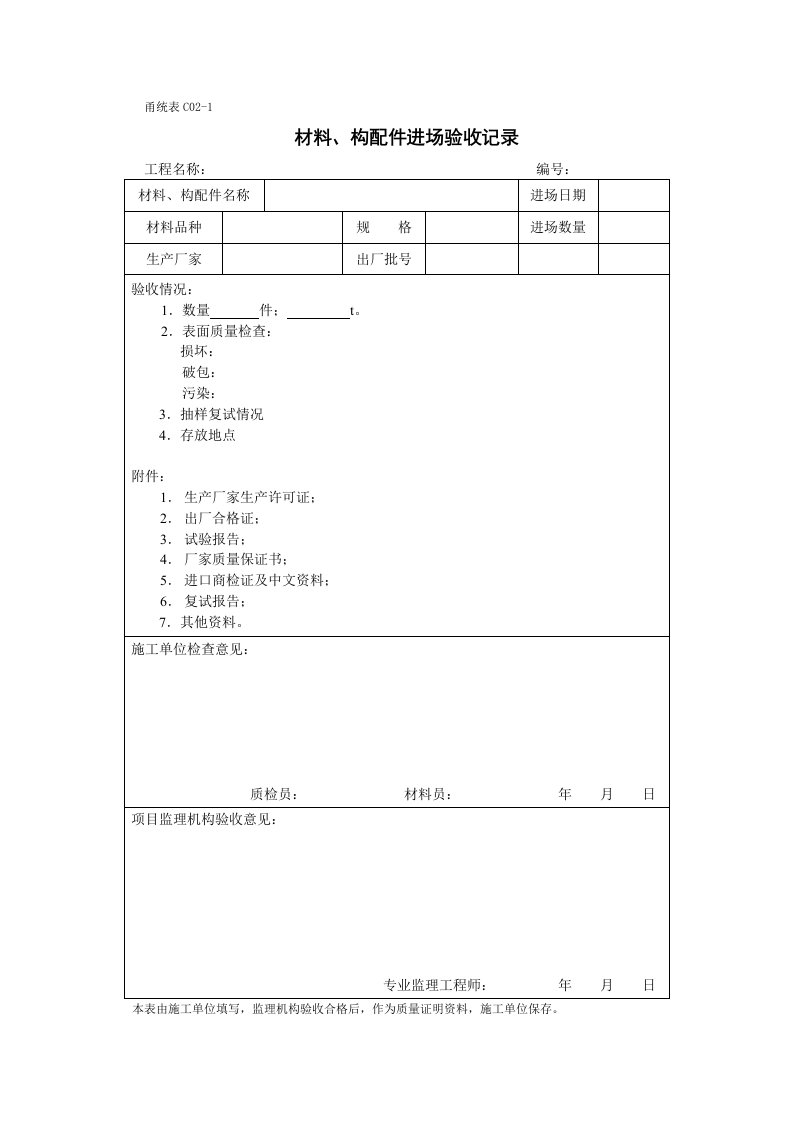 甬统表C02﹣1材料、构配件进场验收记录