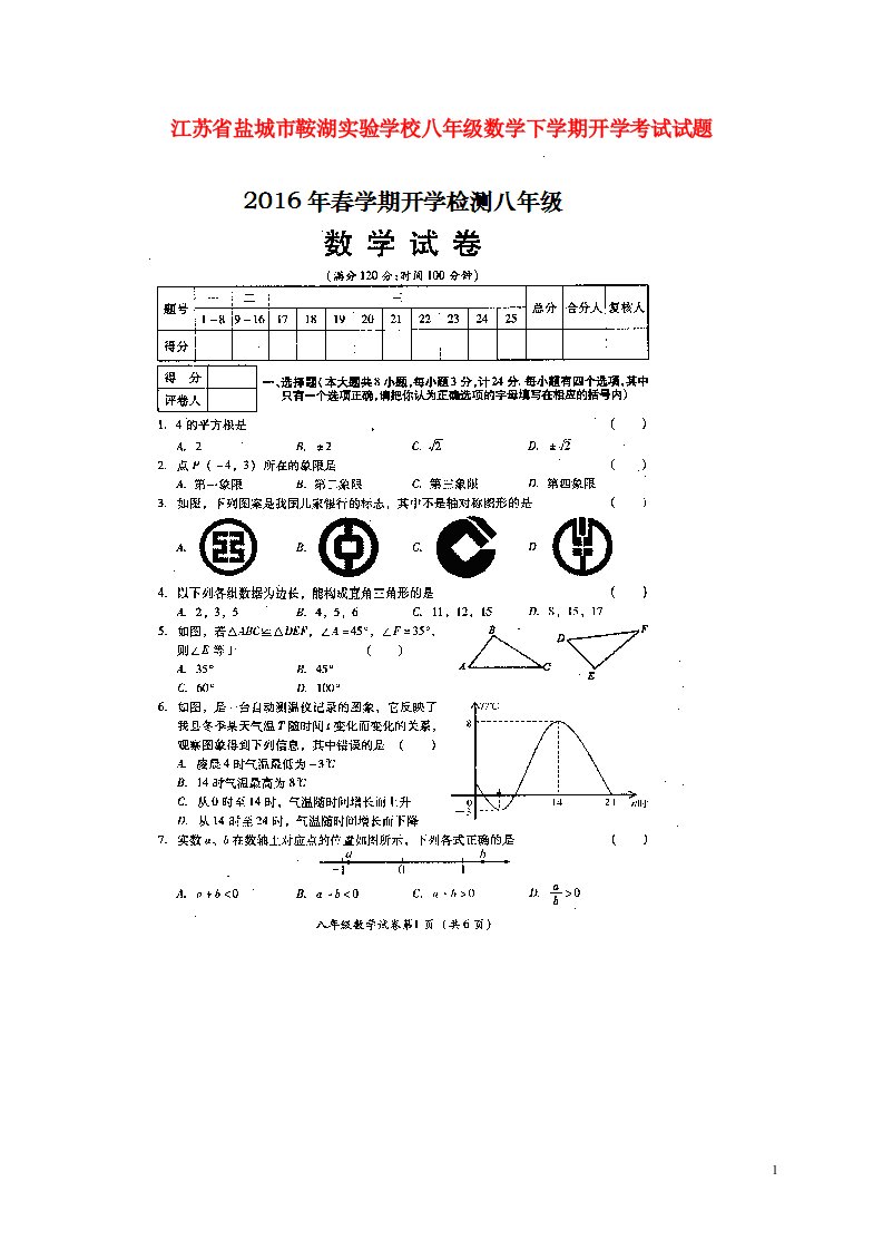 江苏省盐城市鞍湖实验学校八级数学下学期开学考试试题（扫描版，无答案）