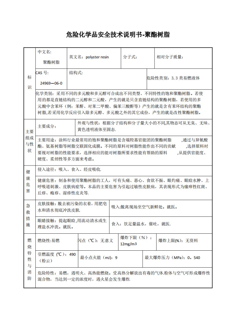 危险化学品安全技术说明书-聚酯树脂