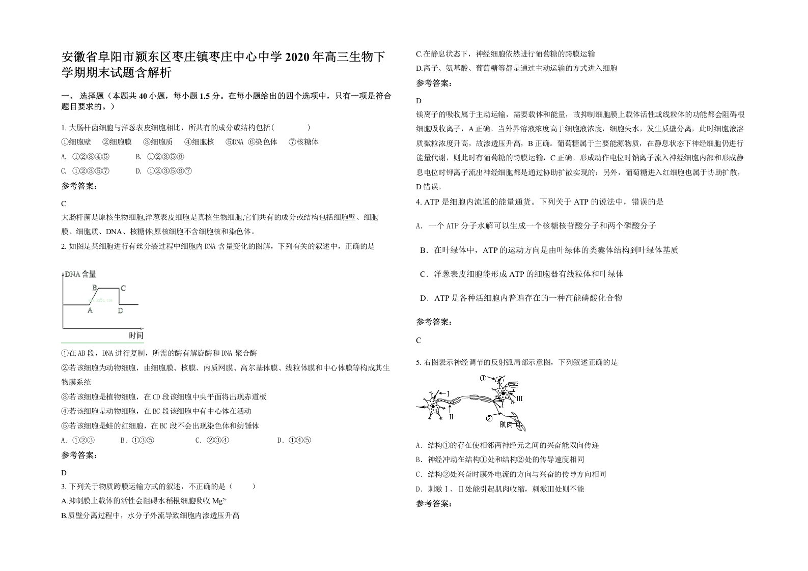 安徽省阜阳市颍东区枣庄镇枣庄中心中学2020年高三生物下学期期末试题含解析