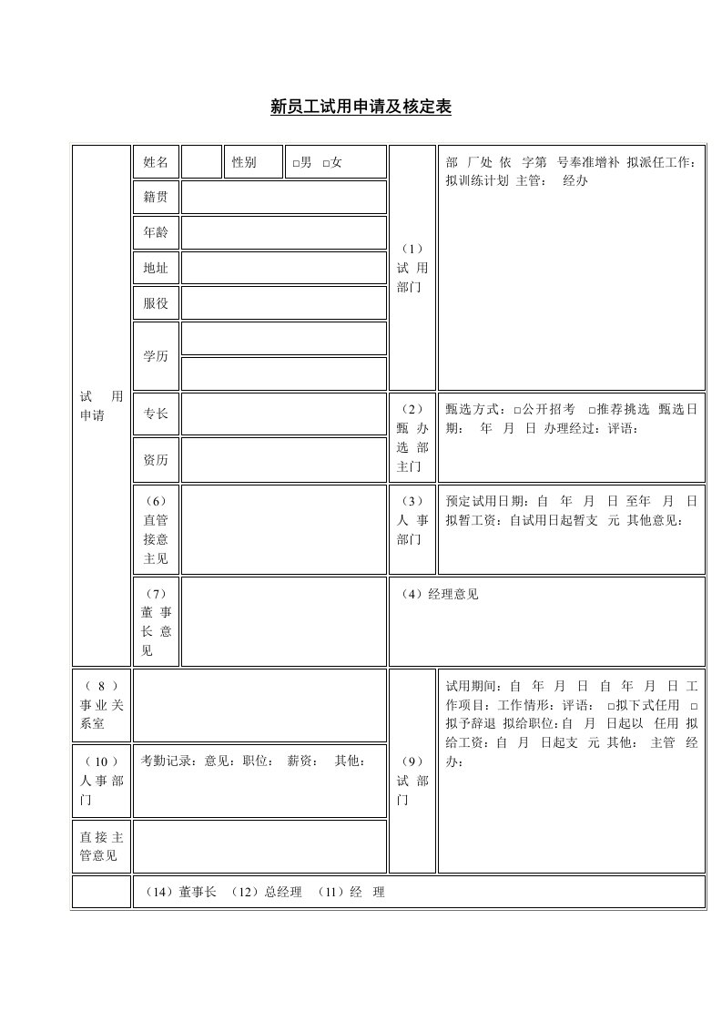 精品文档-新员工试用申请及核定表