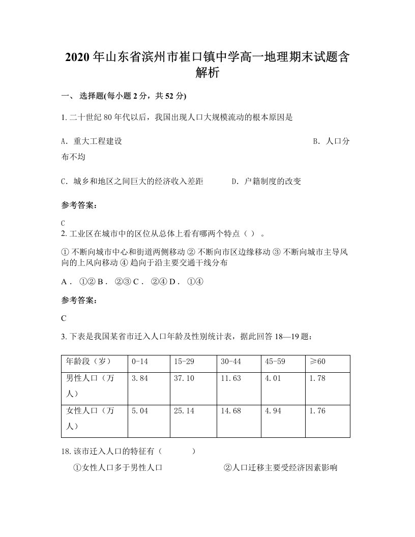 2020年山东省滨州市崔口镇中学高一地理期末试题含解析