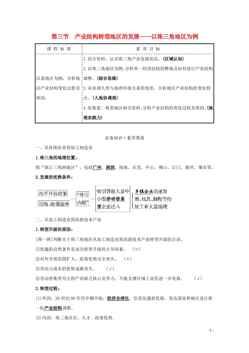 2020_2021学年新教材高中地理第二单元不同类型区域的发展3产业结构转型地区的发展__以珠三角地区为例学案鲁教版选择性必修2