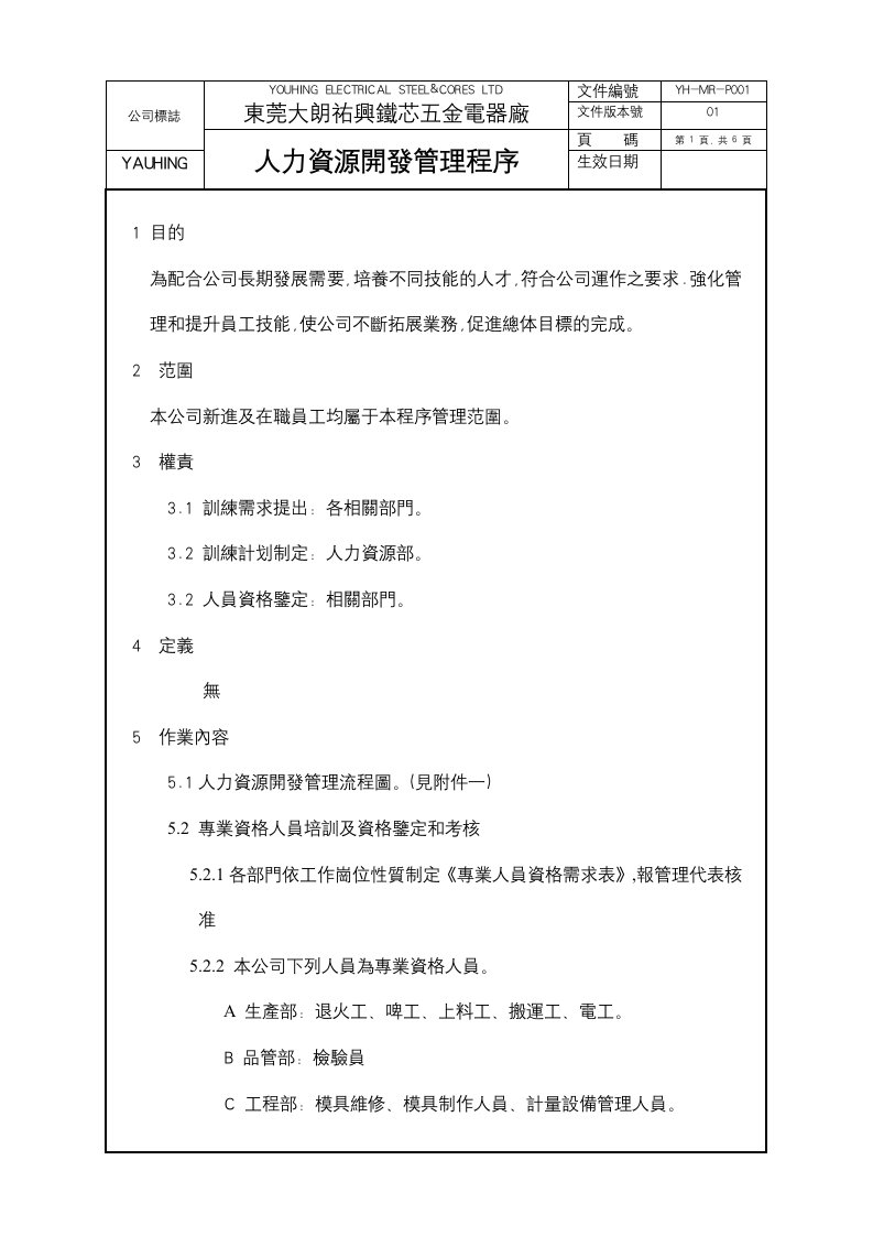 台资企业的整套ISO9001标准范本人力资源开发管理程序-人事制度表格