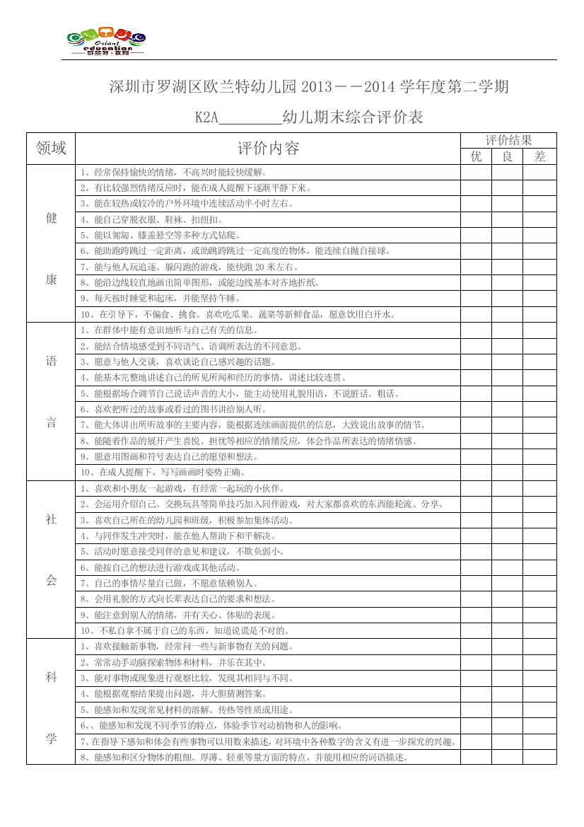 中班幼儿期末评价表(word文档良心出品)