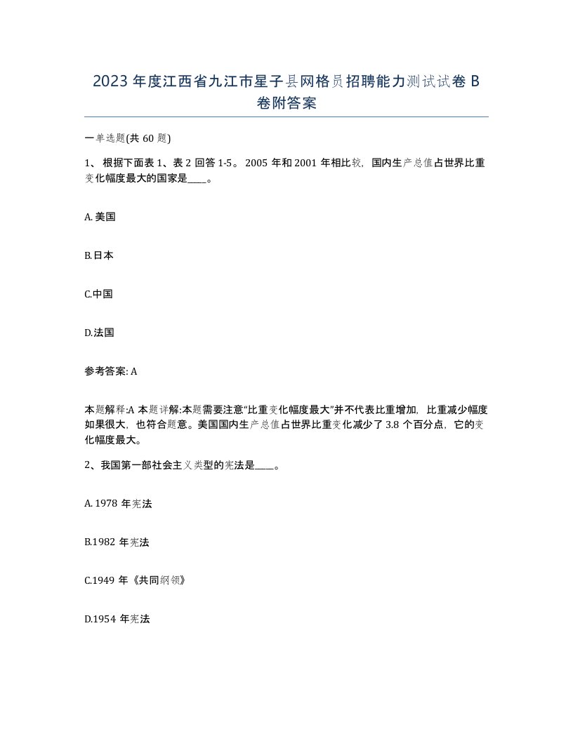 2023年度江西省九江市星子县网格员招聘能力测试试卷B卷附答案