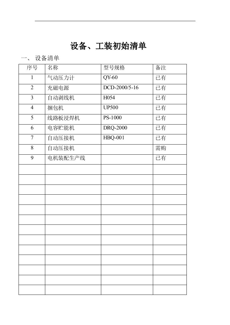 精选设备工装初始清单