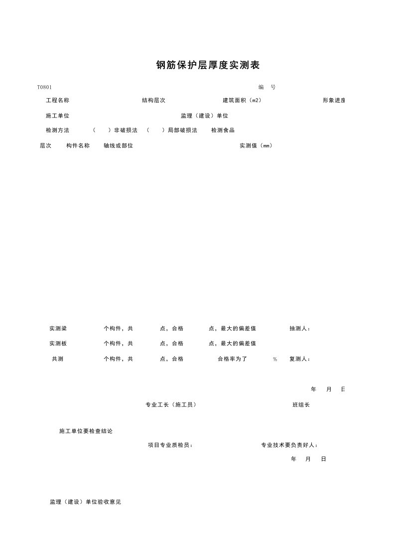 T0801_钢筋保护层厚度实测表