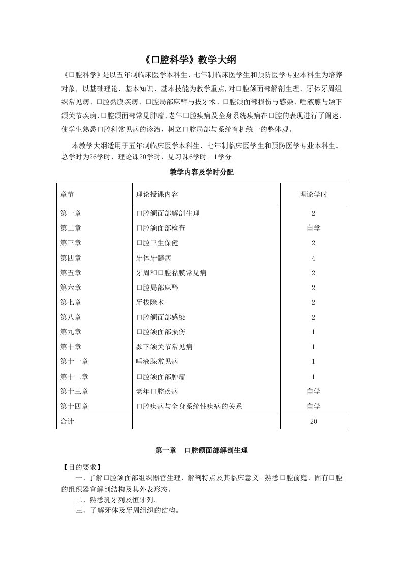 口腔科学教学大纲