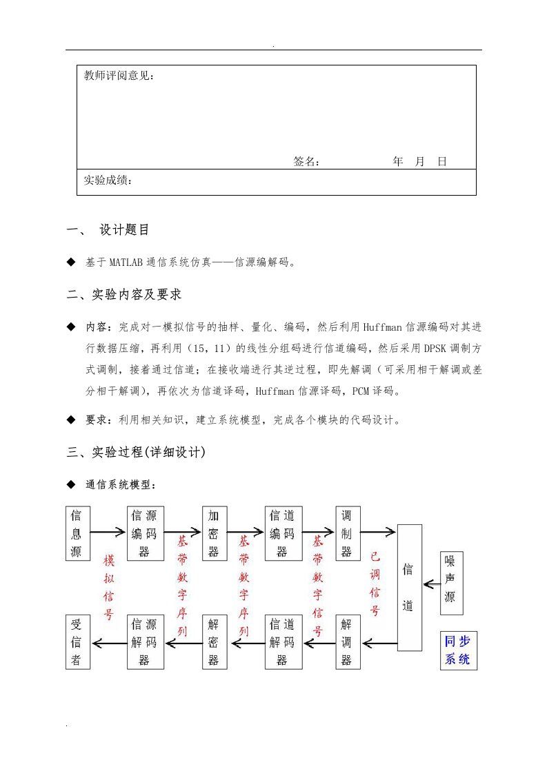 基于MATLAB通信系统仿真——信源编解码课程设计报告