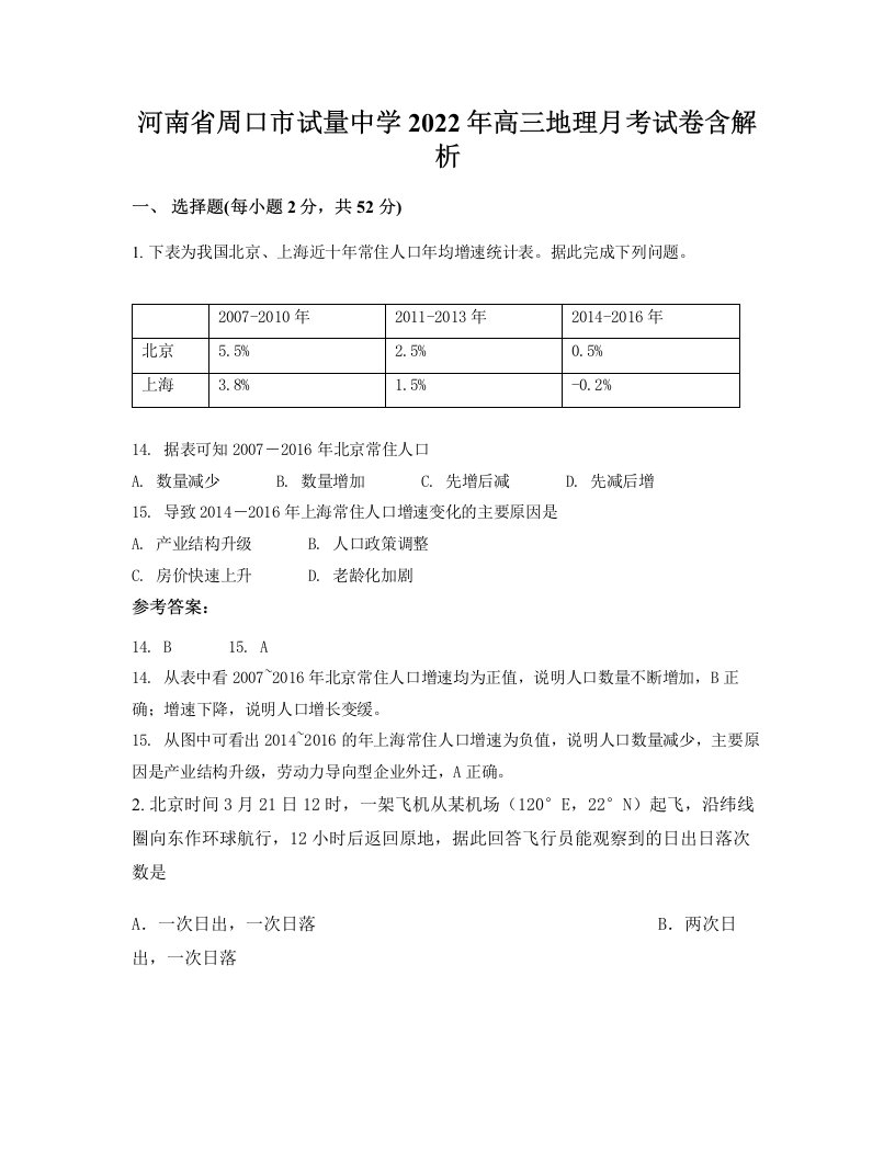 河南省周口市试量中学2022年高三地理月考试卷含解析