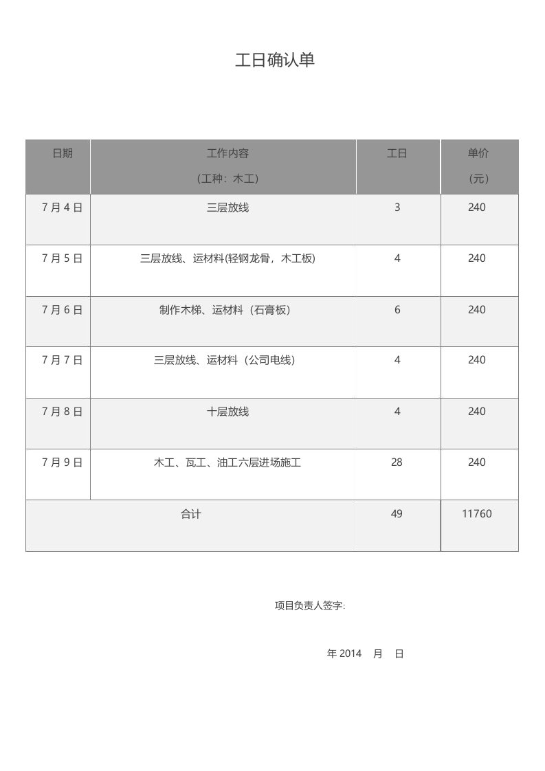 工日确认单