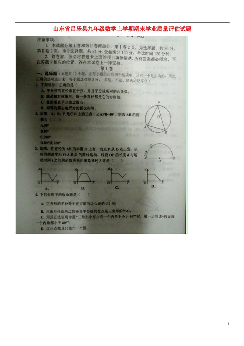 山东省昌乐县九级数学上学期期末学业质量评估试题（扫描版）