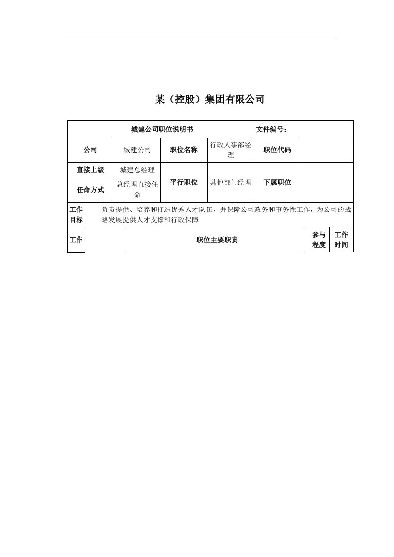 行政人事部经理岗位说明书