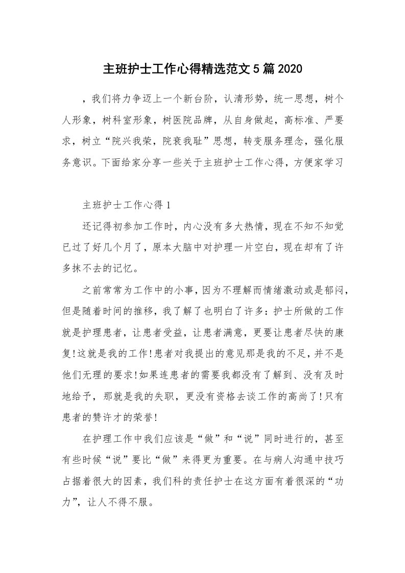 工作心得_主班护士工作心得精选范文5篇2020