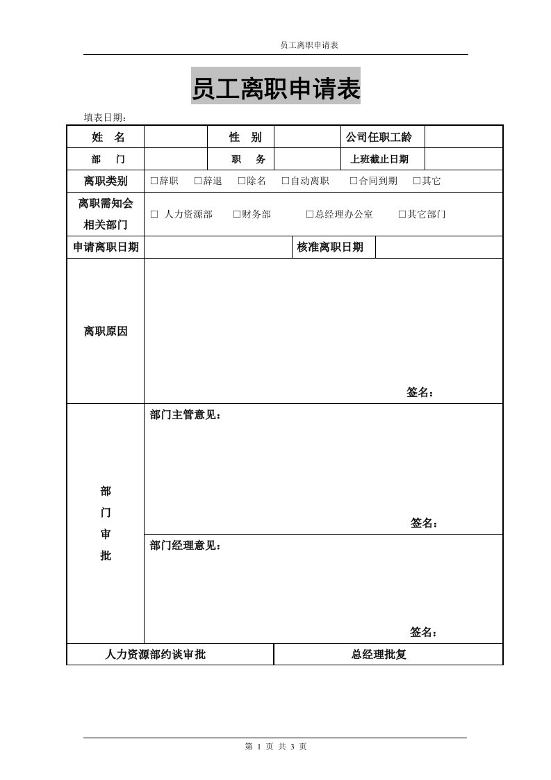 员工离职申请表(模版)