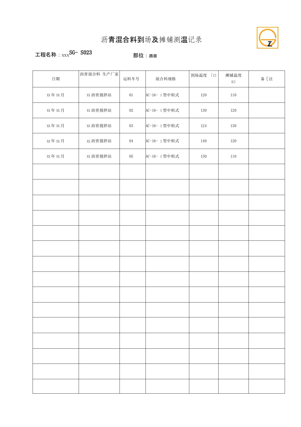 沥青混合料到场及摊铺测温记录