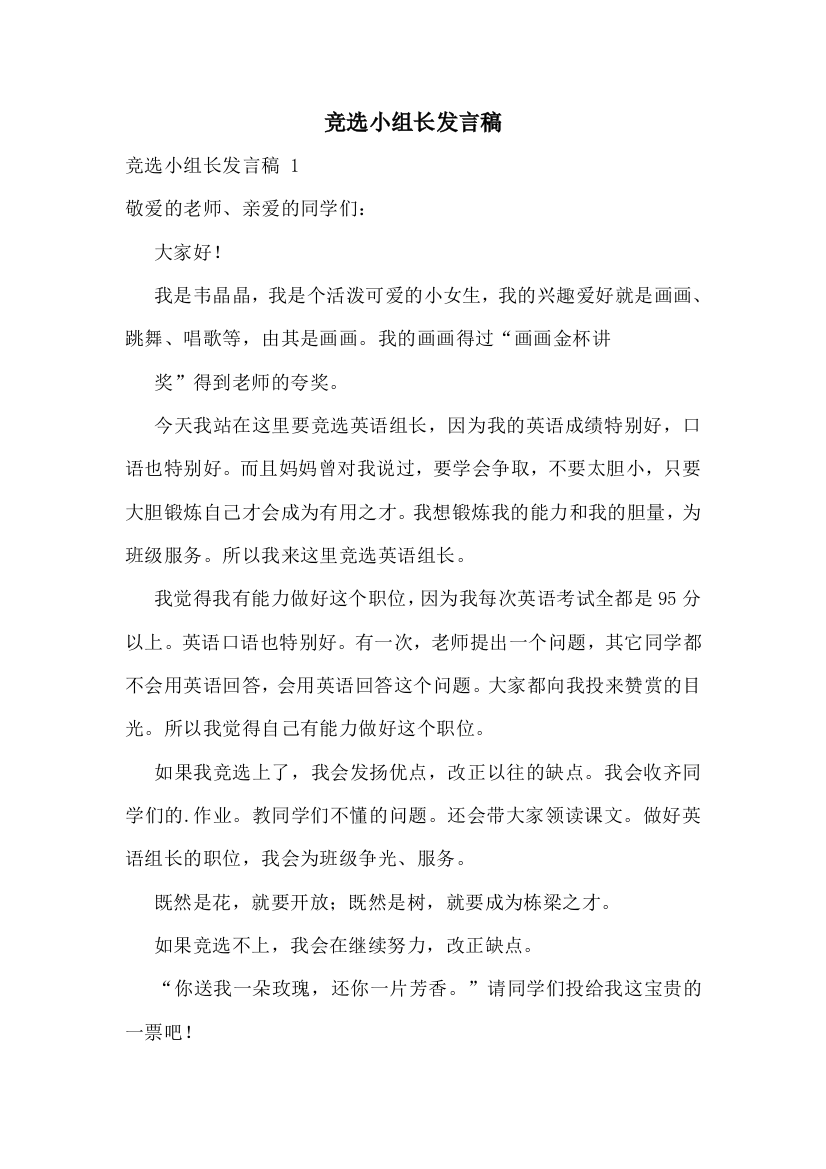 竞选小组长发言稿-