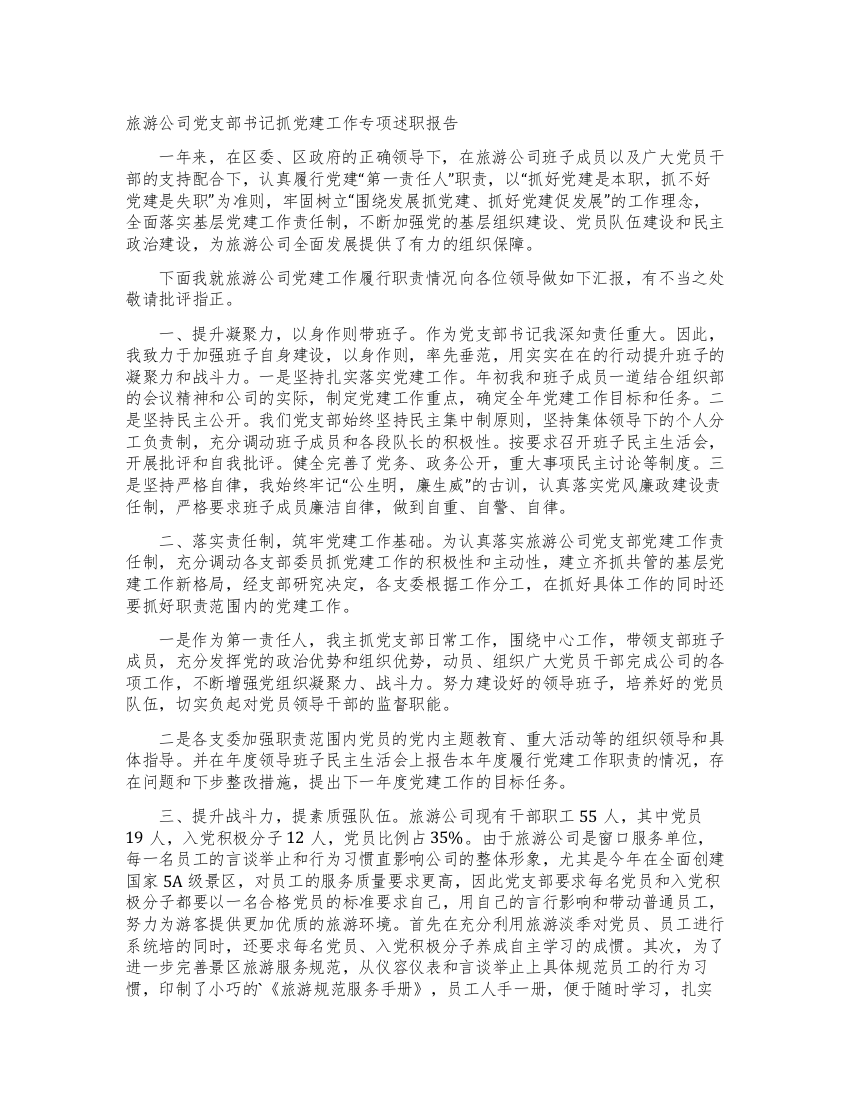 旅游公司党支部书记抓党建工作专项述职报告