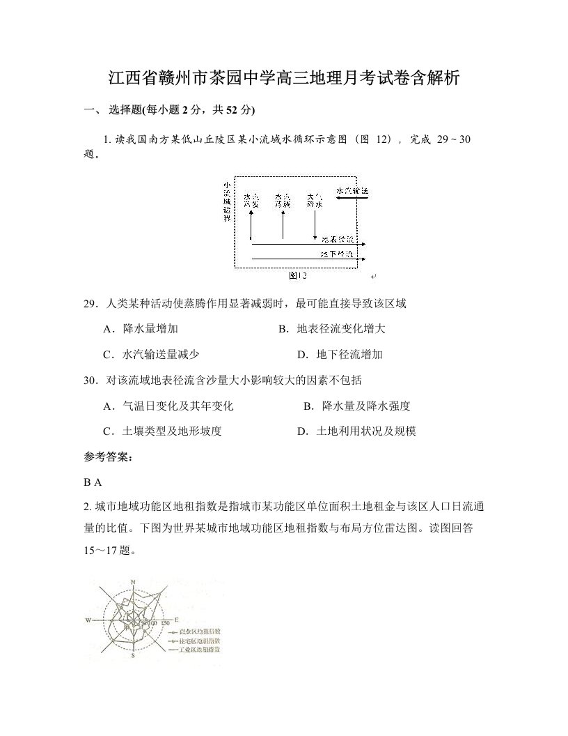 江西省赣州市茶园中学高三地理月考试卷含解析