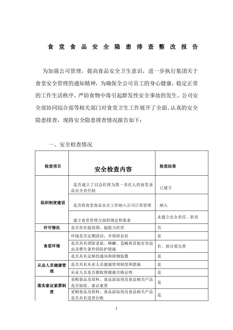 食堂食品安全隐患排查整治报告